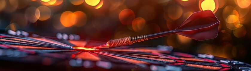 Closeup of a dart aimed at a glowing red bullseye, with vibrant bokeh lights, showcasing precision and goal achievement