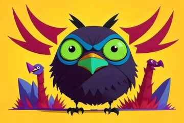 Fototapeta premium cartoon illustration raven head, t-shirt art, vector, vibrant colors, bird, Bold, Dynamic, Fierce, Mysterious, Intelligent, Majestic, Beak, Feathers, Eyes, Talons, Aggressive, Edgy, Gothic, Dark