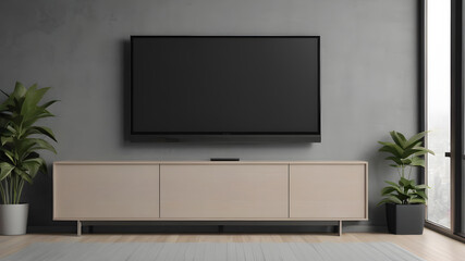 Blank modern flat screen TV hanging on wall in living room, Generative AI