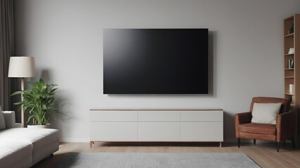 Blank modern flat screen TV hanging on wall in living room, Generative AI