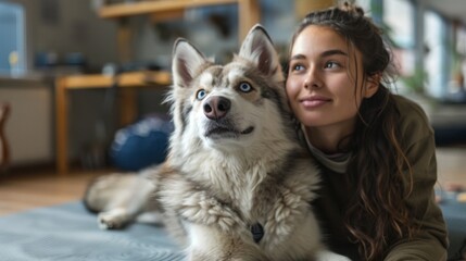 dog training techniques, professional dog trainer uses positive reinforcement methods to help train hyperactive siberian husky in a large pet training facility with agility equipment