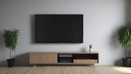 Blank modern flat screen TV hanging on wall in living room, Generative AI