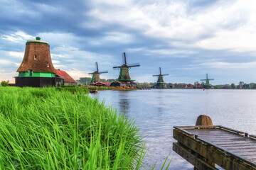 Windmill landscape in the Zaanse Schans, the Netherlands