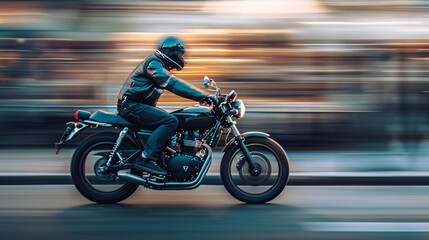 Speeding motorcyclist in motion blur cityscape