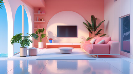 there is a pink couch and a white table in a room