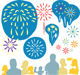大空に打ちあがる花火と見上げる人々　イラスト素材
