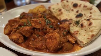 A tempting plate of chicken vindaloo, fiery and tangy curry with tender chicken pieces, potatoes, and a spicy vinegar-based sauce, served with naan.