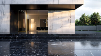 there is a black marble floor in front of a white building - Powered by Adobe