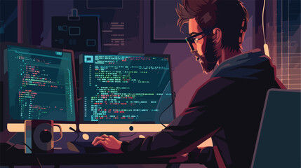 Man looking on code on computer screen. Programmer wo