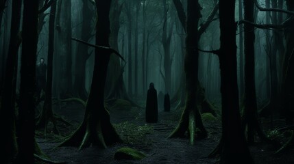 A man dressed in a black robe stands in the midst of a dense, shadowy forest