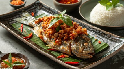 A tempting platter of Pla Rad Prik, Thai crispy fish topped with a spicy chili sauce and crispy...