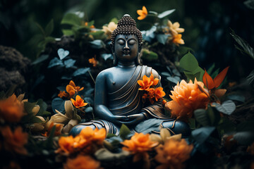 there is a statue of a buddha sitting in a garden of flowers