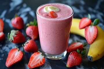 Strawberry Banana Smoothie - Pink color with strawberry and banana slices on the rim. 