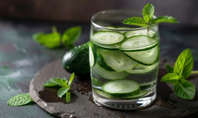 Fototapeta premium Freshly cut cucumber slices and mint leaves in a glass of water 