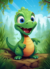 cartoon illustration of a smiling green dinosaur standing on a rock
