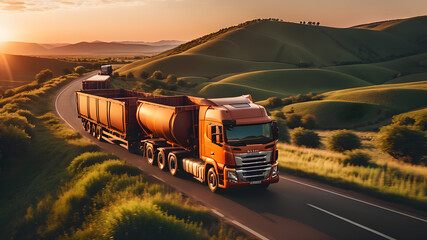 Cargo truck driving through landscape at sunset, Generative AI