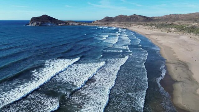Playa de los Genoveses beach aerial shot. Located in Cabo de Gata Nature Park, Almeria, Andalusia