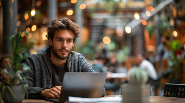 remote co-working space, focused caucasian man working remotely in a busy co-working space with diverse professionals, a modern vibe, and collaborative energy
