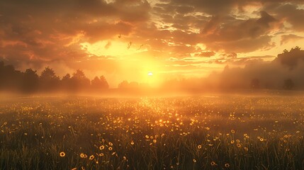 Natural beauty of a sunrise illuminating a misty field - Powered by Adobe