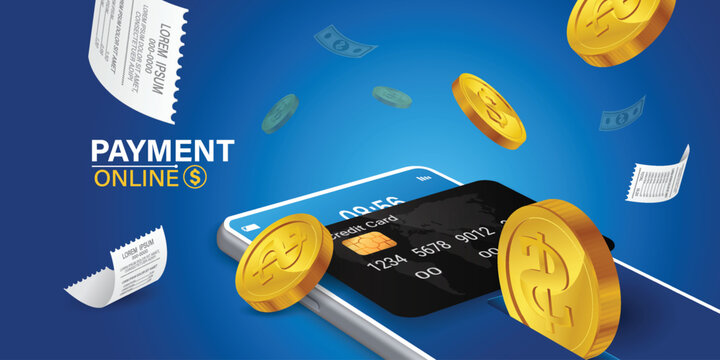 online payment via mobile phone.Coin drop in smartphone on blue background. Shopping through your smartphone without having to carry cash. Pay online through an online wallet on your smartphone.