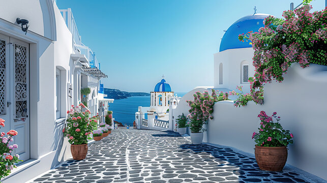 Fototapeta The Greek island of Santorini is picturesque, with its iconic white buildings and blue domes overlooking the sea. The cobbled streets are lined with traditional floral courtyards