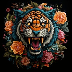 Tiger roaring with flowers, in front of black background
