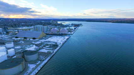 Aerial view of the industrial area at the Hamilton Bay in Hamilton, Ontario.
