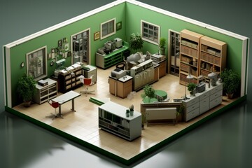 A 3d model depiction of a living space featuring green walls and furniture