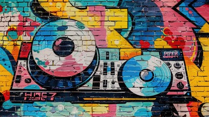 Colorful Pop Art Comic Street Graffiti Featuring a DJ Set on a Brick Wall: Creative Poster for a Vibrant Music Party Background
