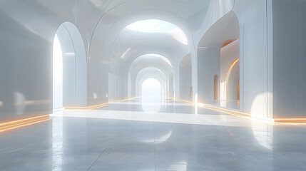 there is a long hallway with arches and arches leading to the light - Powered by Adobe