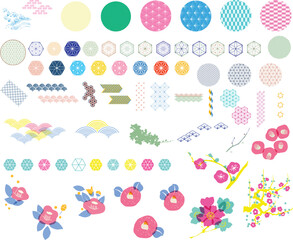 Japanese traditional icon vector. Geometric logo and symbol elements. Colorful object decoration in vintage. Fuji mountain, Cherry blossom flower, Bonsai, bamboo, cloud, wave, sign.	