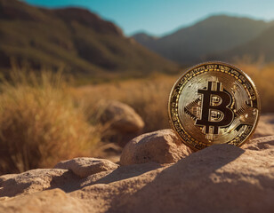 Un Bitcoin &egrave; parzialmente sepolto in sabbia dorata, evocando il tema del "tesoro nascosto".

