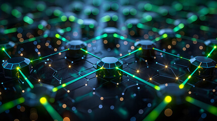 arafed image of a network of connected dots with green lights