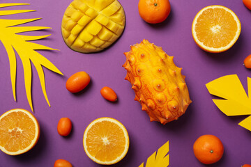 Tropical fruit and paper leaves on purple background, top view