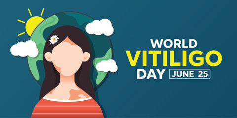 World Vitiligo Day. Women and earth. Great for cards, banners, posters, social media and more. Dark green background.