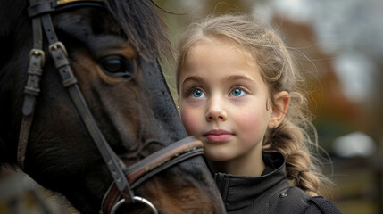 A young girl enjoying a bond of friendship with a beautiful brown horse in the countryside