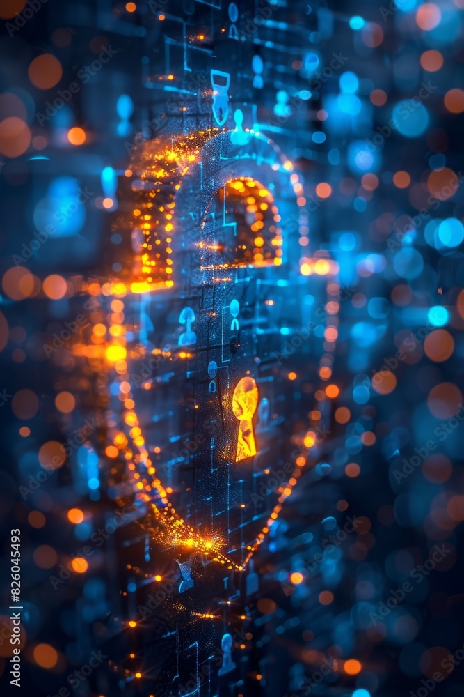 Poster a banner displaying cybersecurity solutions with icons of a digital lock and shield, emphasizing net
