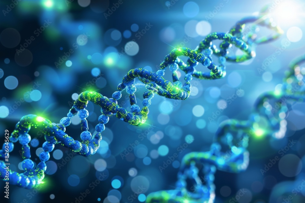 Poster abstract dna representation with wave like patterns, green and blue artistic genetic visualization