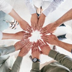 Collaboration, business people and hands in circle for synergy, support and solidarity in office. Partnership, teamwork and cooperation for motivation, goal and integration of corporate staff by top