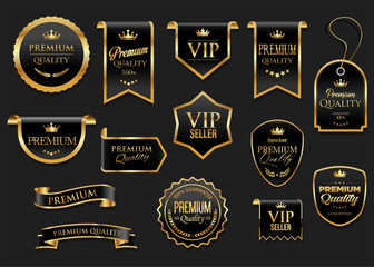 Golden luxury labels and badges gold premium quality certificate ribbons vector illustration