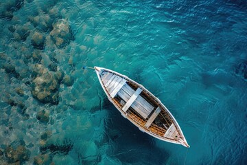 Obraz premium Wooden boat floats serenely on river, surrounded by blue water and nature's tranquility