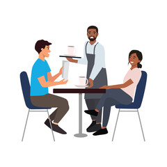 Young people resting in a cafe at a safe distance. Couple ordering menu in a cafe. Flat vector illustration isolated on white background