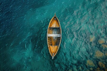 Wooden boat floats serenely on river, surrounded by blue water and nature's tranquility