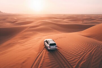 Obraz premium Luxurious cars driving through desert landscapes with warm sunlight