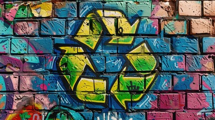 Colorful Pop Art Comic Street Graffiti Featuring a Recycle Sign on a Brick Wall, Highlighting Global Warming Awareness

