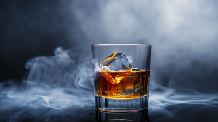 smoke billowing from a glass of whiskey with ice cubes