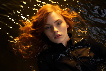 redhead haired woman in black shirt laying in water with her hair blowing in the wind