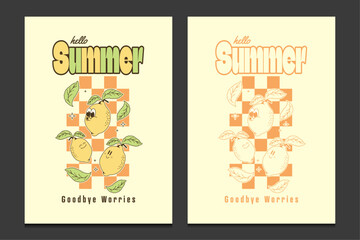 Retro posters, retro summer poster or graphic t-shirt template with lemon mascot character, vector illustration