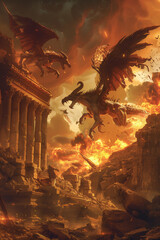 there are two dragons fighting over a ruined temple in the sky