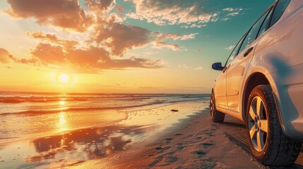 Beach sunset drive with a car